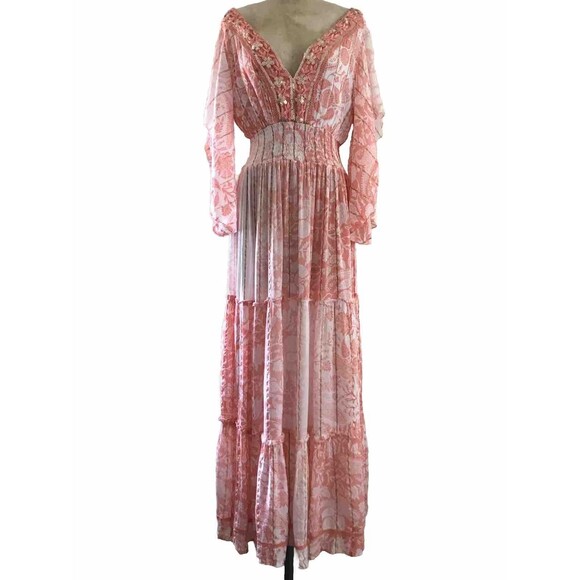 Anthropologie Me 2 Magic Pink V Neck Short Flutter Sleeve Printed Maxi Dress - L - Picture 4 of 10
